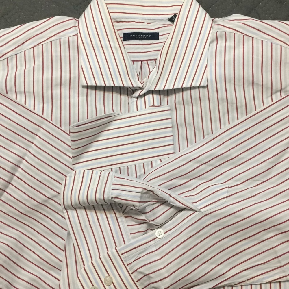 BURBERRY Men’s Dress Shirt 17.5 R Wht W/Stripes